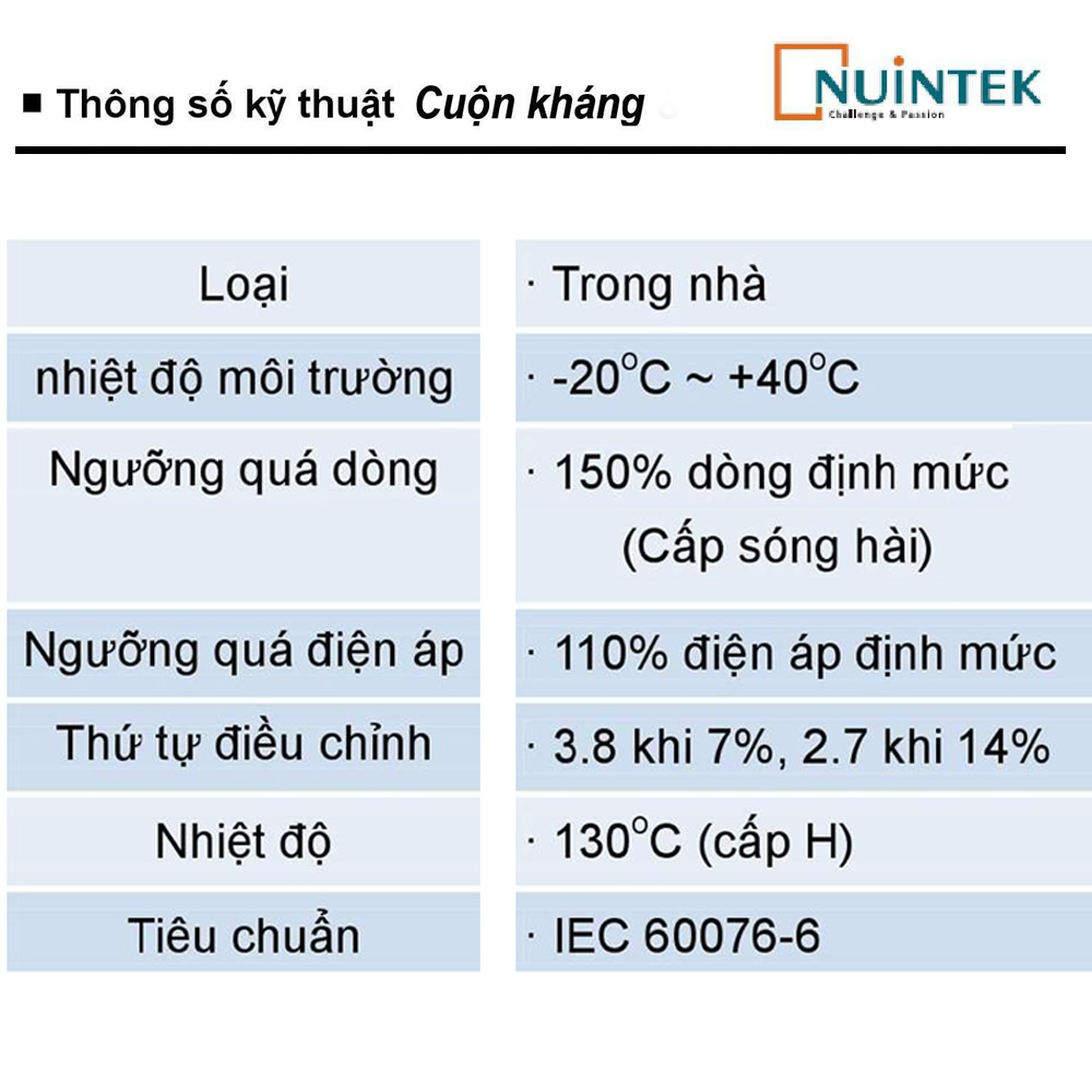 Thông Số Kỹ Thuật Cuộn kháng trung thế Nuintek NSR-H6300 : 7% 3P 300kVAR-