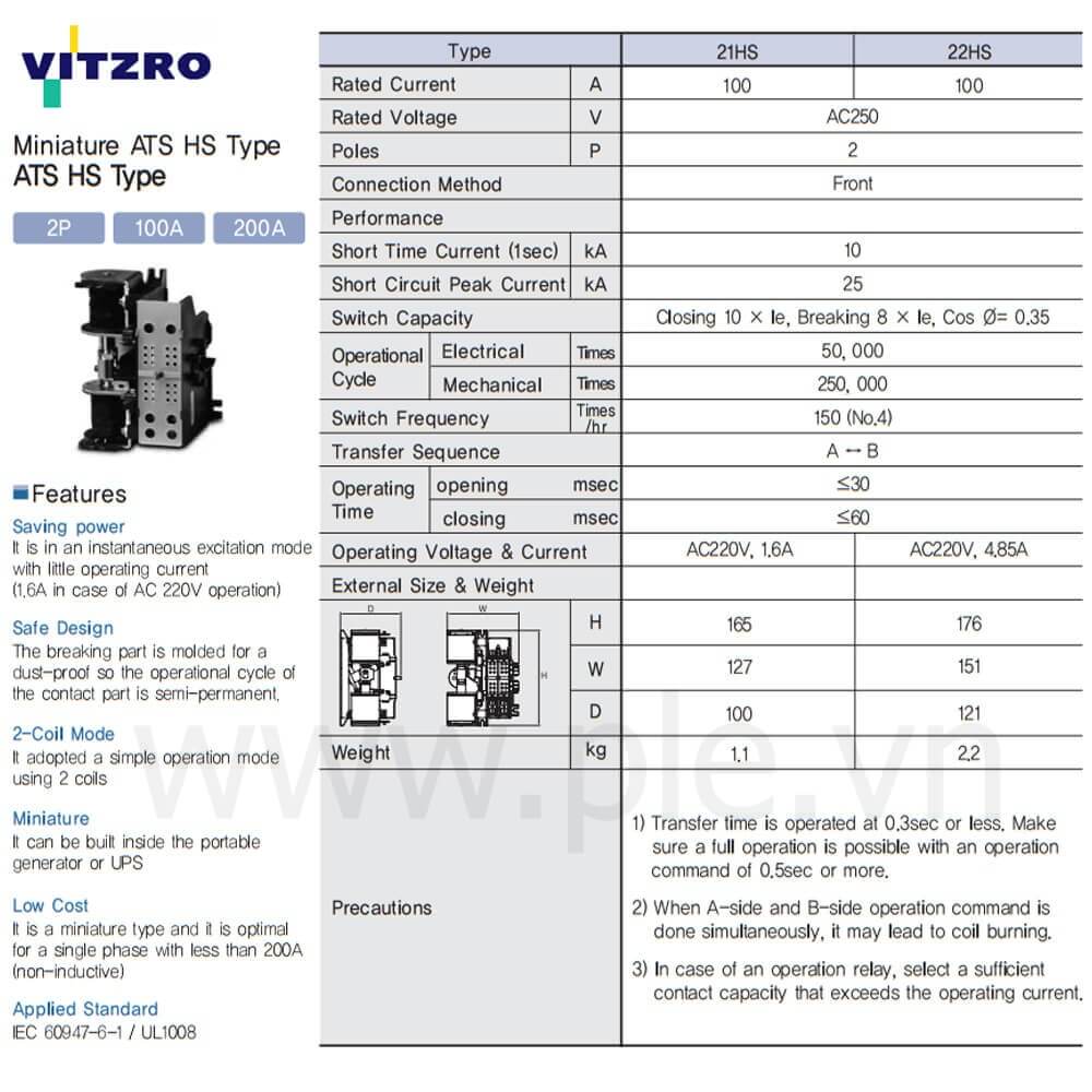 Thông số kỹ thuật Vitzro ATS 21HS