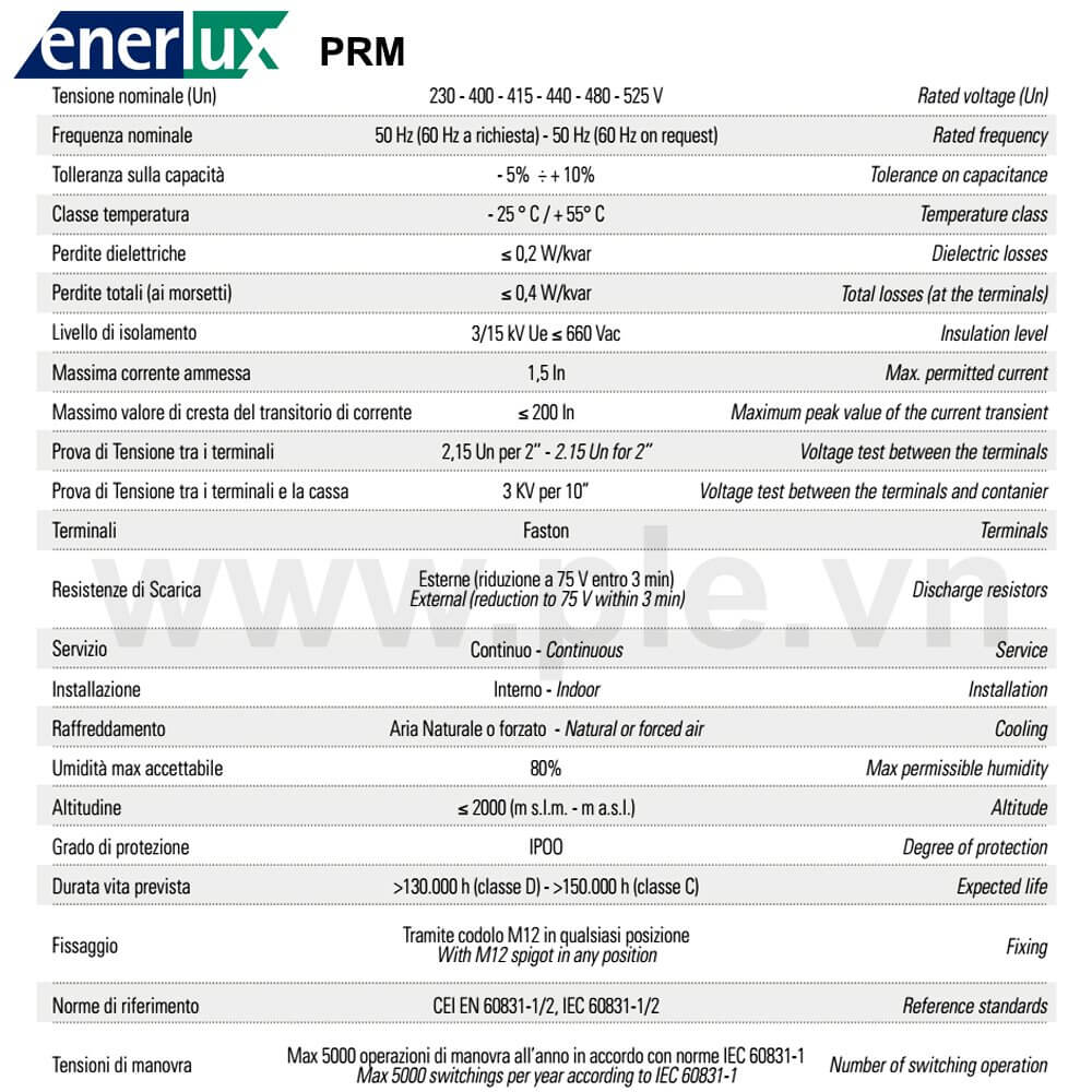 Thông số kỹ thuật Enerlux PRM.2525 1P 2.5kVAR 250V