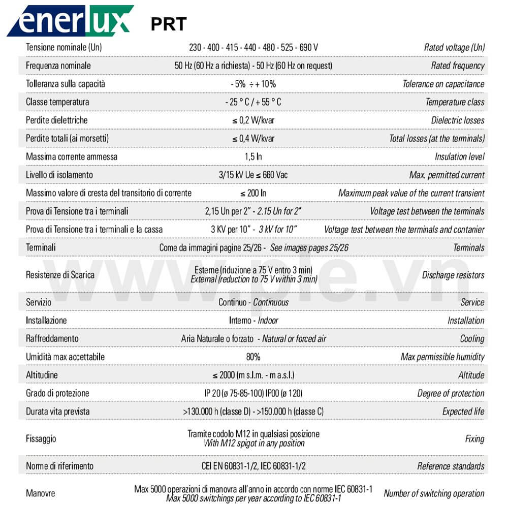 Thông số kỹ thuật Enerlux PRT.4440 3P 40kVAR 440V