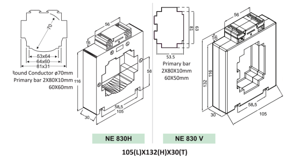 Kích thước NewTek NE 830V-1600 : Biến dòng đo lường 1600A