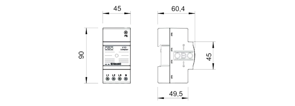 Kích thước OBO V10 COMPACT 385 : Thiết bị chống sét nguồn AC 3 pha 385 VAC