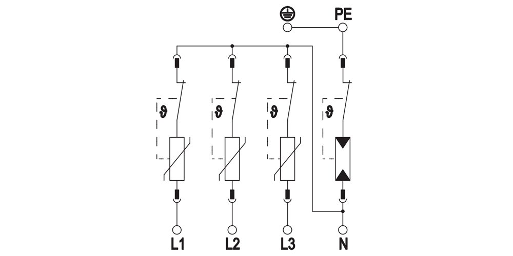 Cách đấu nối OBO V20-3+NPE-280 : Thiết bị chống sét nguồn AC 3 pha 280 VAC