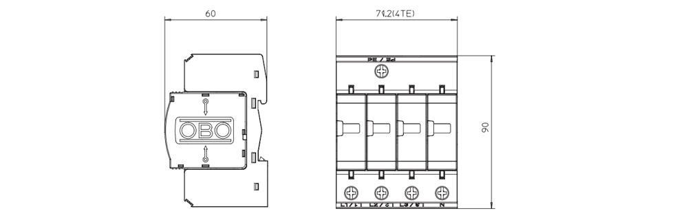 Kích thước OBO V20-C 4-385 : Thiết bị chống sét nguồn AC 4 pha 385 VAC