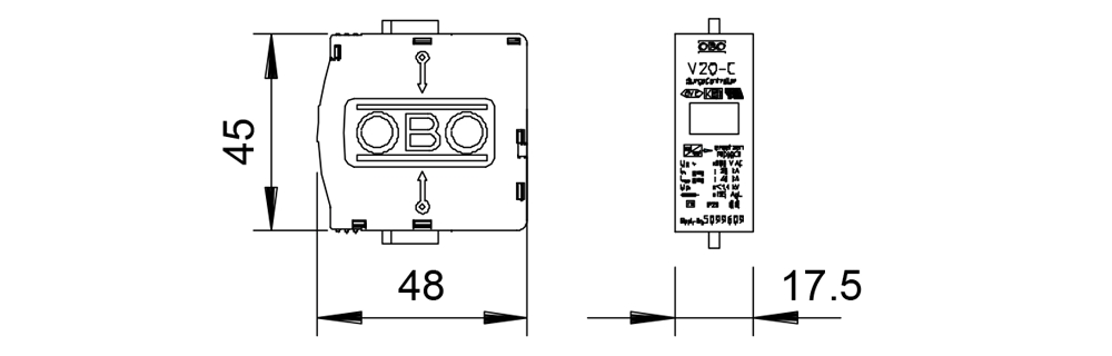 Kích thước OBO V20-C 0-280 : Thiết bị chống sét nguồn AC 1 pha 280 VAC