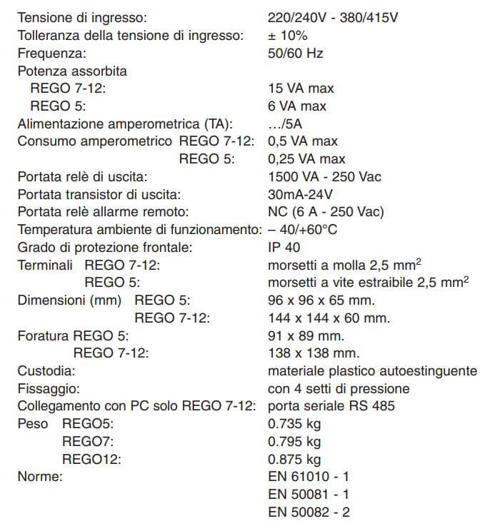 Thông số kỹ thuật Bộ điều khiển tụ bù Ducati Rego12 - 12 cấp
