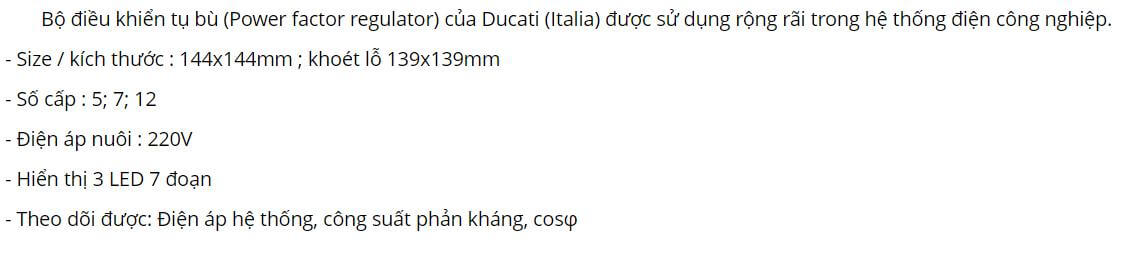 Thông số kỹ thuật Bộ điều khiển tụ bù Ducati Rego12 - 12 cấp