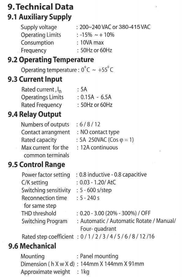 Thông số kỹ thuật Bộ điều khiển tụ bù Shizuki 8 cấp 415V MS-8Q-415-52