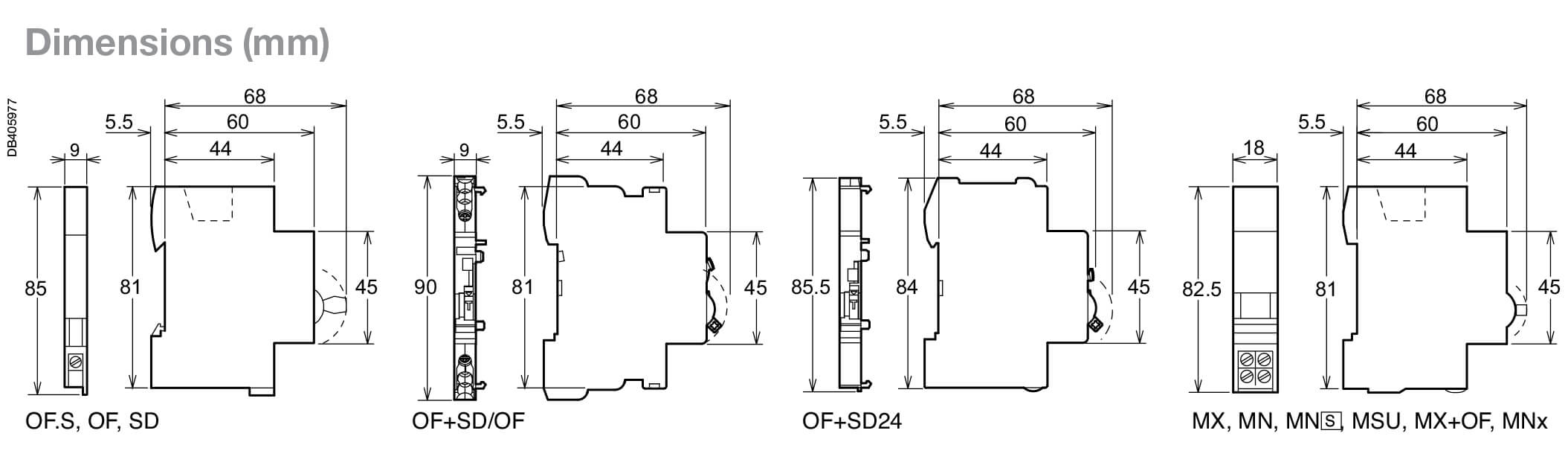 Cấu tạo và Kích thước Schneider-A9N26948: Mô đun ngắt mạch iMX và tiếp điểm phụ iOF cho dòng C60H-DC và C120