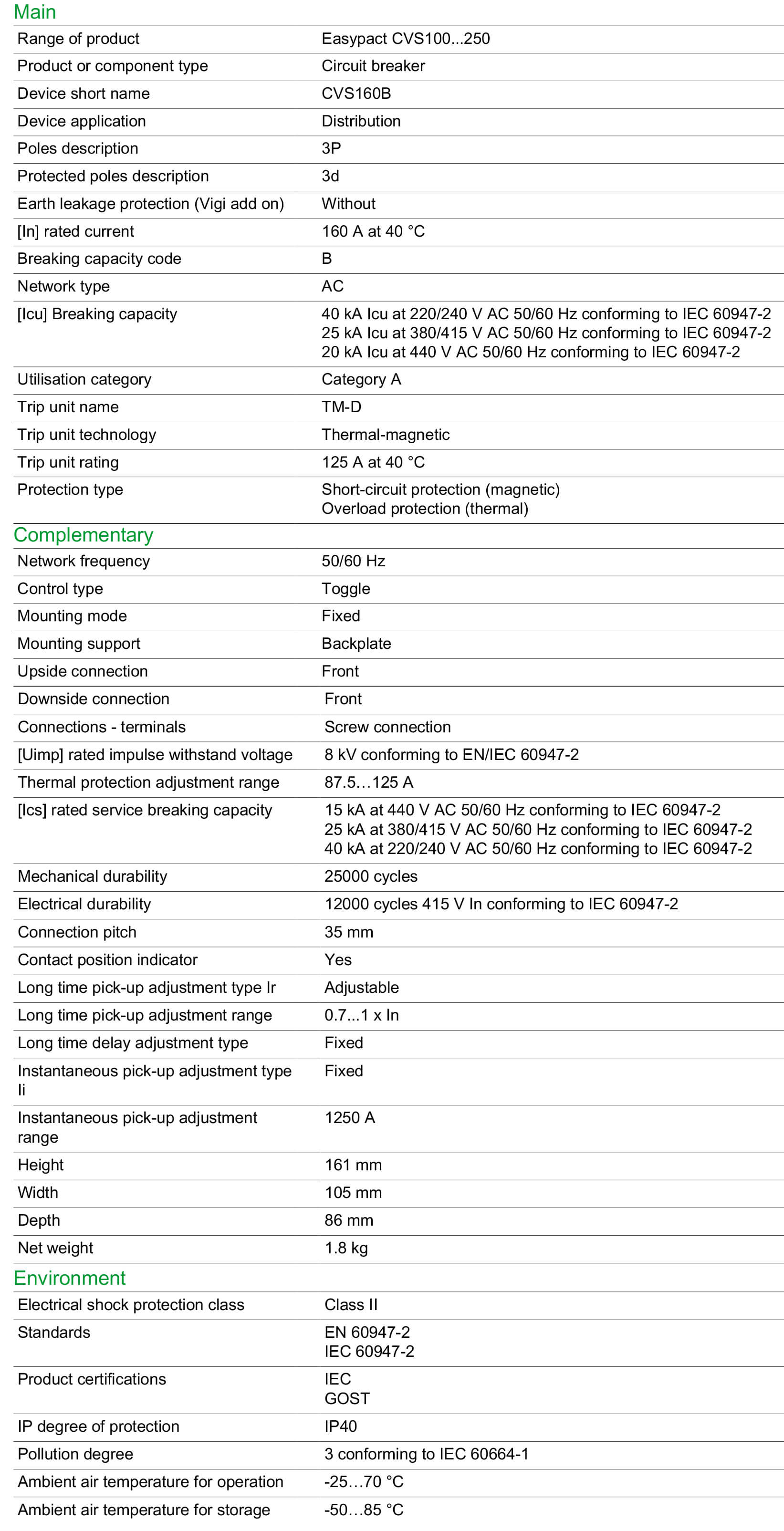 Thông số kỹ thuật Schneider-LV516302: Aptomat (MCCB) 3P 125A dòng Easypact CVS160B