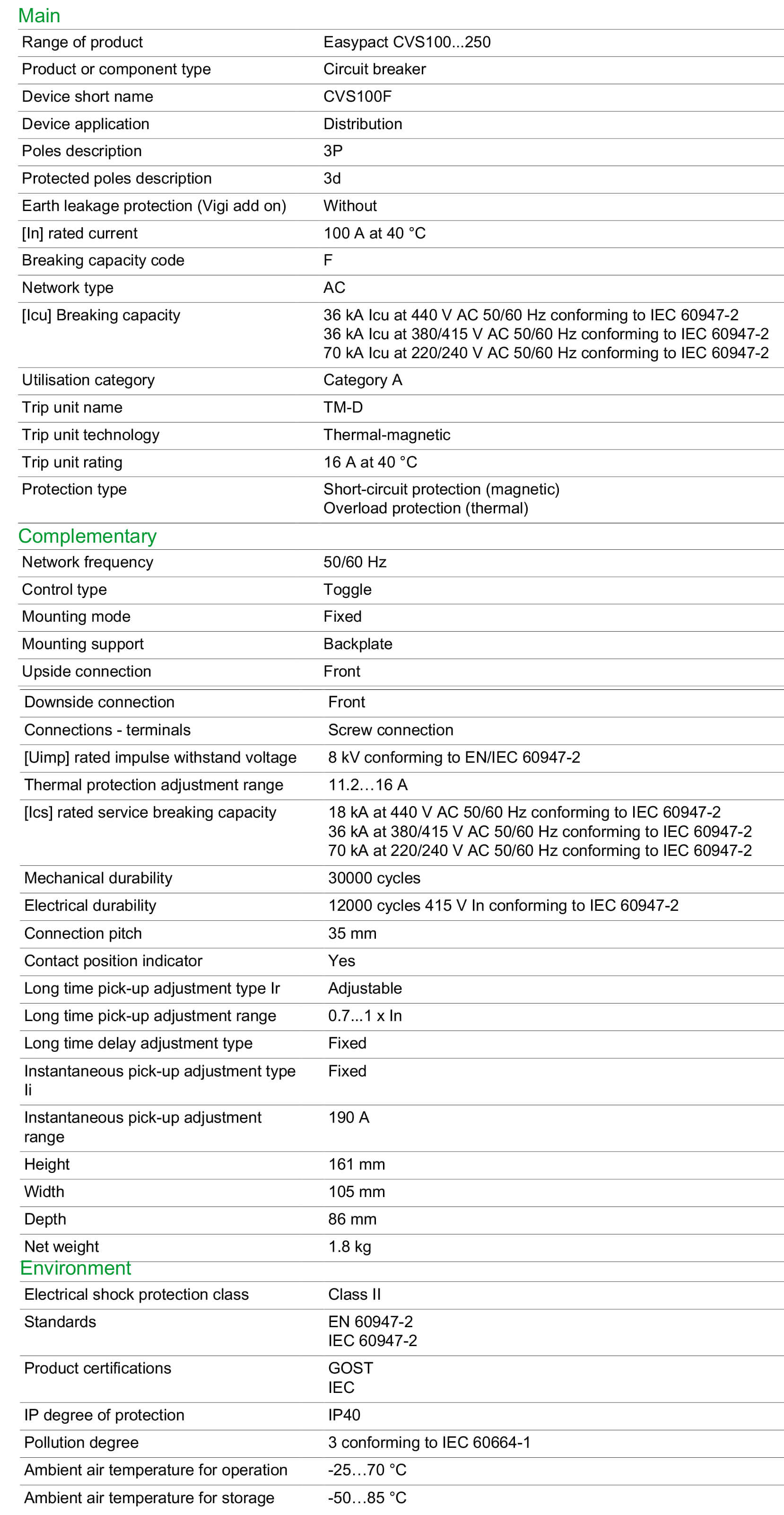 Thông số kỹ thuật Schneider-LV510332: Aptomat (MCCB) 3P 32A dòng Easypact CVS100F