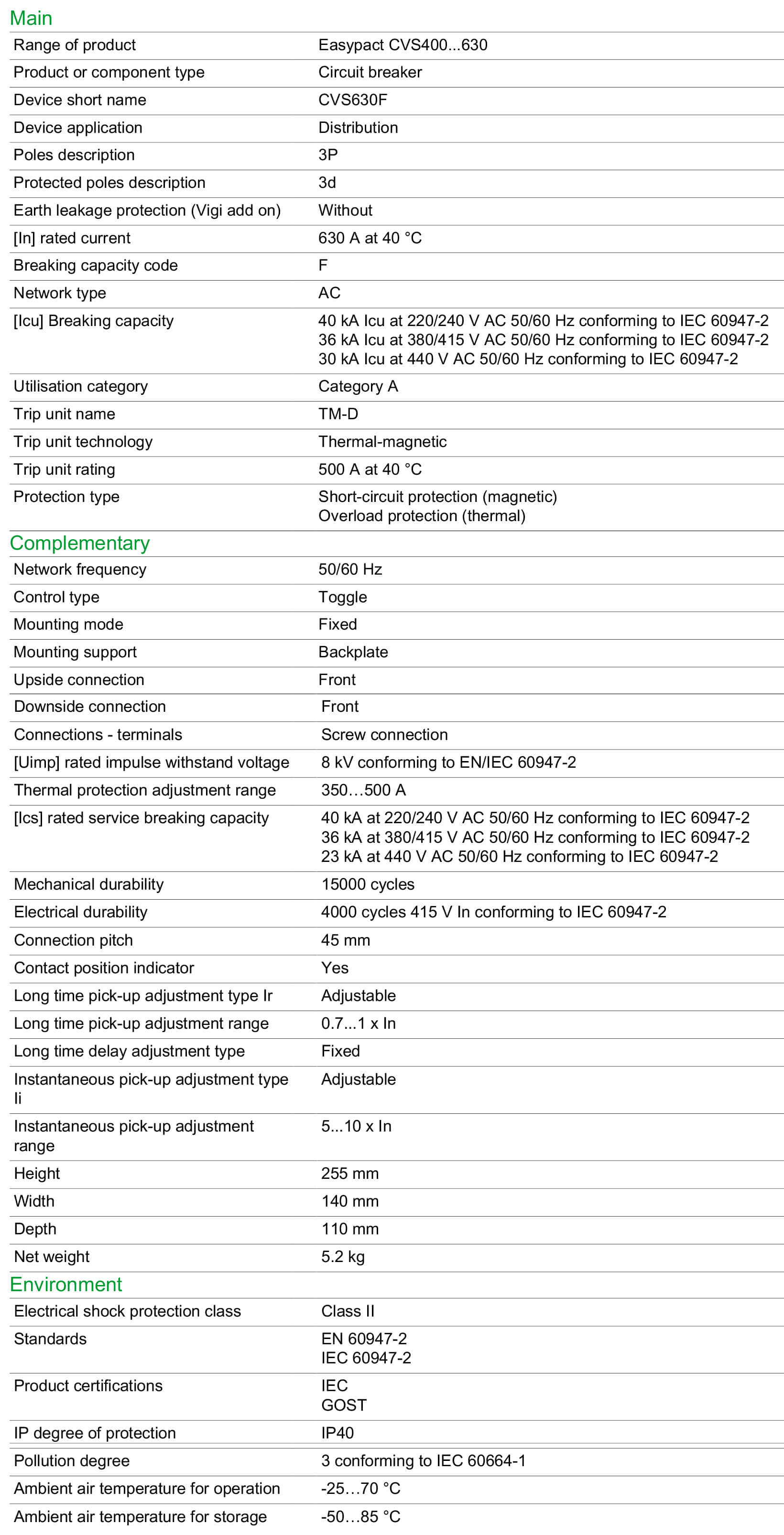 Thông số kỹ thuật Schneider-LV563306: Aptomat (MCCB) 3P 600A dòng Easypact CVS630F