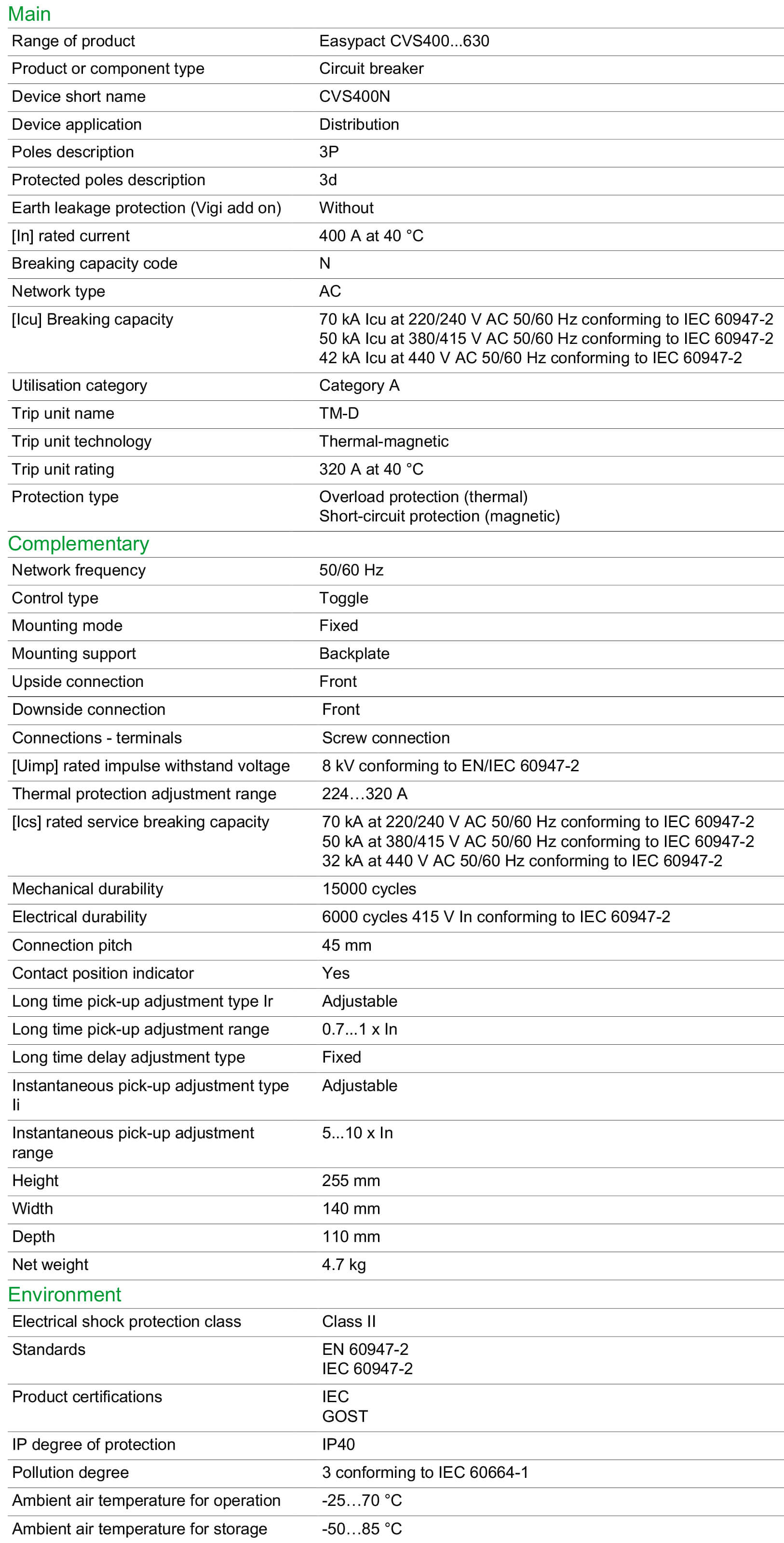 Thông số kỹ thuật Schneider-LV540315: Aptomat (MCCB) 3P 320A dòng Easypact CVS400N