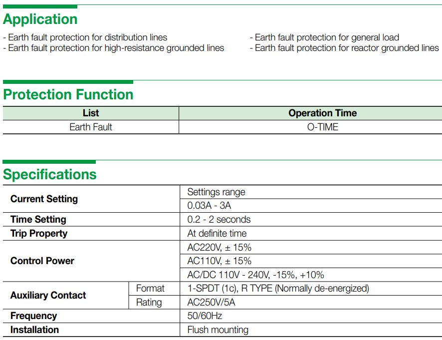 Thông số kỹ thuật Schneider ELR-30RU: Rơ le bảo vệ chạm đất 0.03A - 3A 110~240VAC / VDC