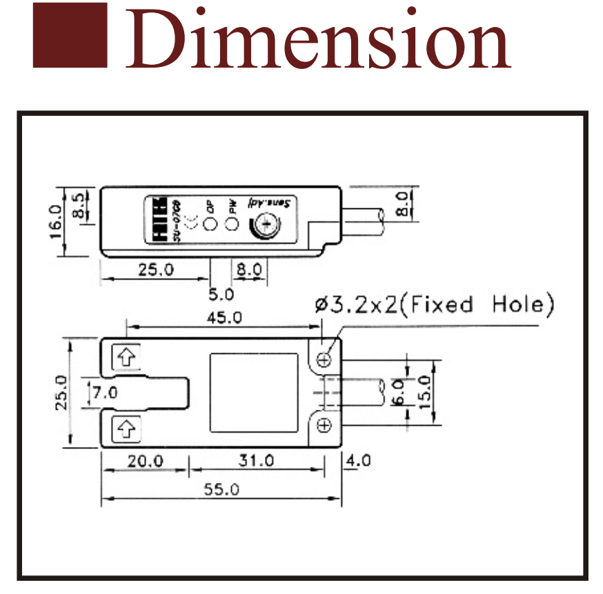 Kích thước Cảm biến quang U Fotek ( U type label sensor ) SU-07X