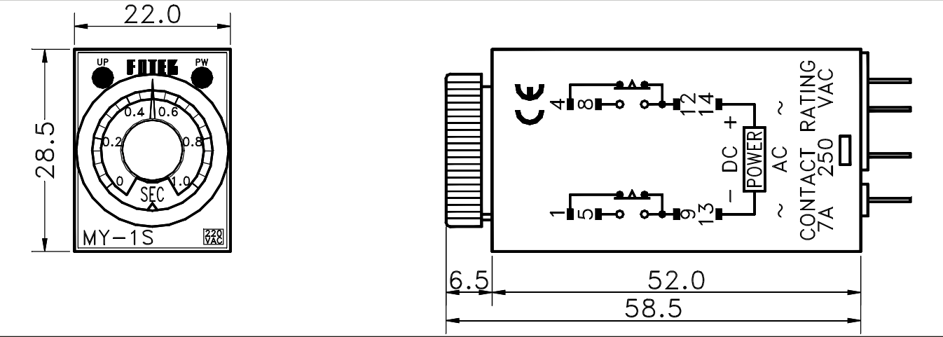 Kích thước Bộ định thời gian Fotek - Timer MY-10S-2P (220V/24V)