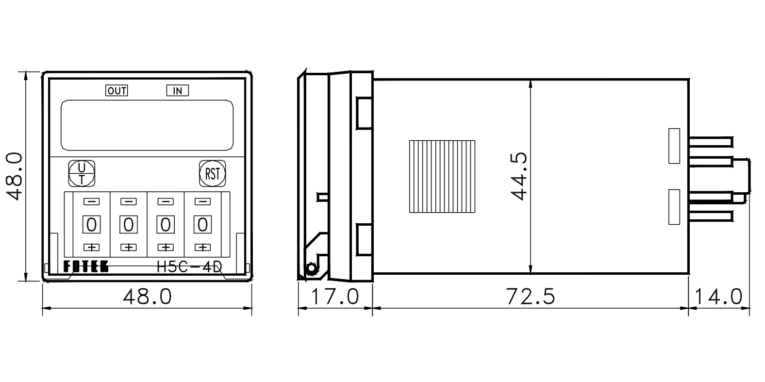 Kích thước Counter - Bộ đếm Fotek H5C-4D