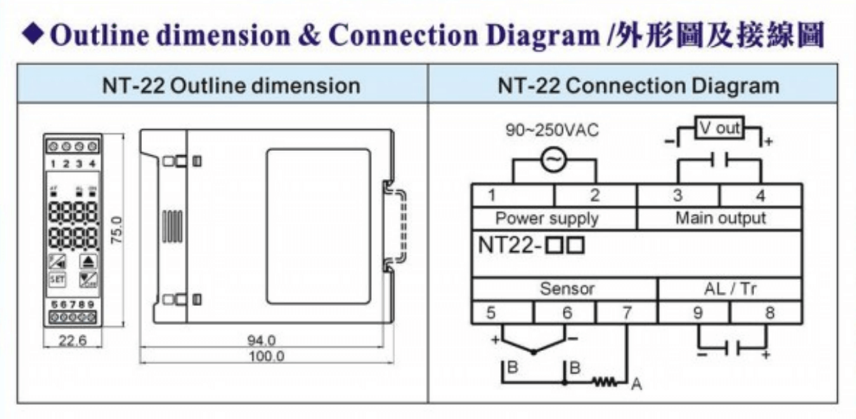 Kích thước Bộ điều khiển nhiệt độ Fotek (Temperature controller) thân ngắn NT-20-R/V