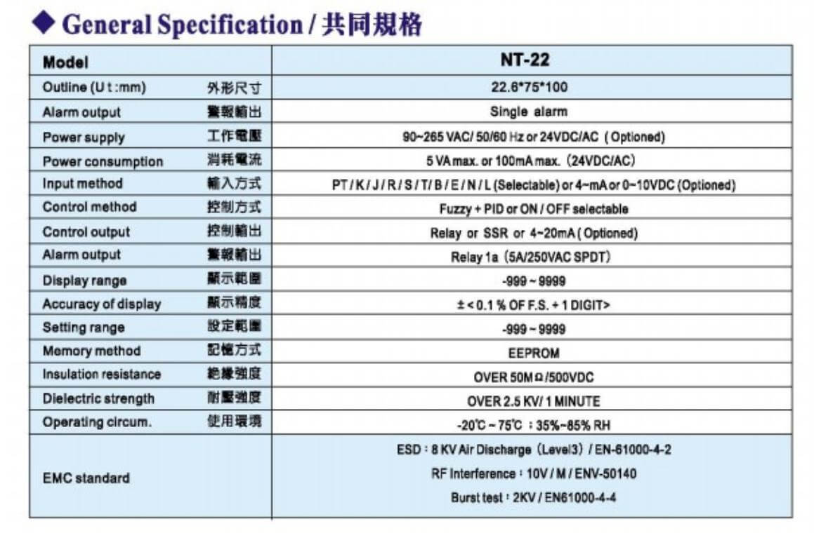 Thông số kỹ thuật Bộ điều khiển nhiệt độ Fotek (Temperature controller) thân ngắn NT-72-R/V