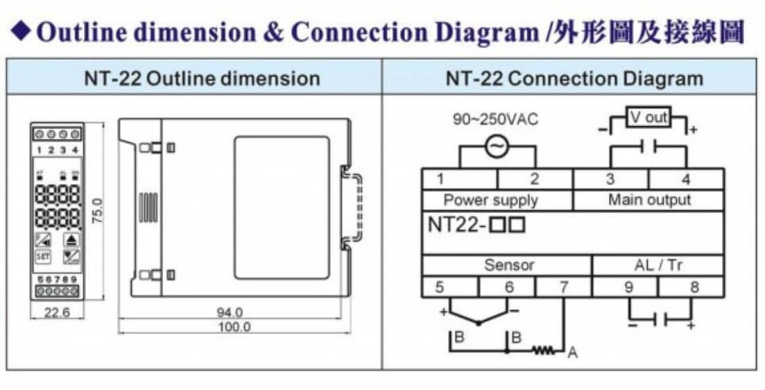 Kích thước Bộ điều khiển nhiệt độ Fotek (Temperature controller) thân ngắn NT-21-R/V