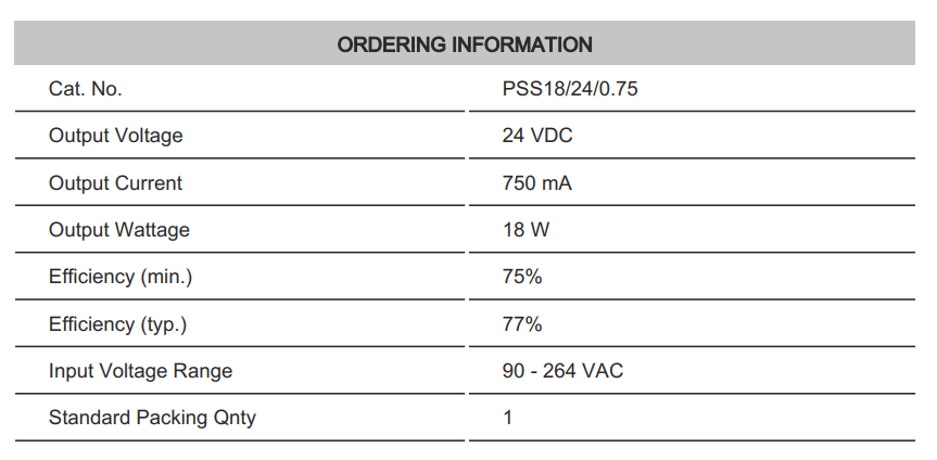 Thông số kỹ thuật Connectwell PSS18/24/0.75: Bộ nguồn xung AC/DC 1 pha