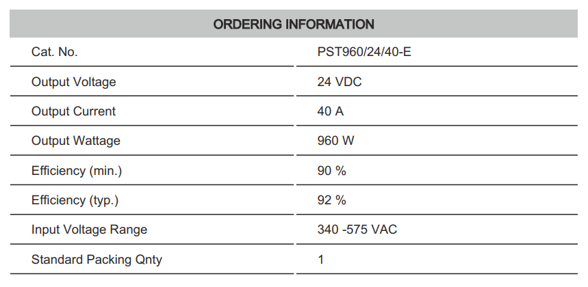 Thông số kỹ thuật Connectwell PST960/24/40-E: Bộ nguồn xung AC/DC 2P,3P