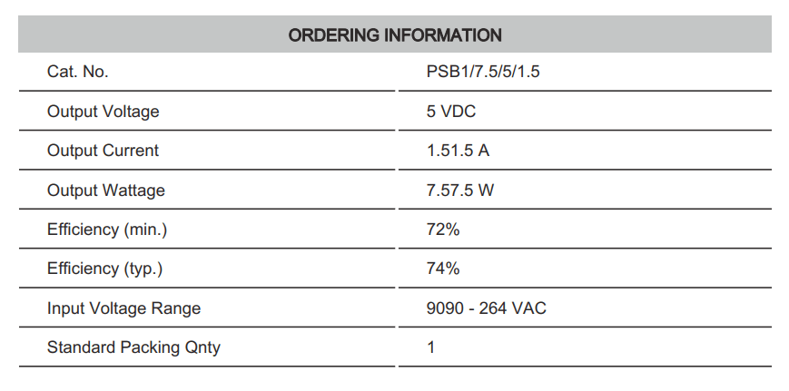 Thông số kỹ thuật Connectwell PSB1/7.5/5/1.5: Bộ nguồn xung AC/DC 1P (Module)