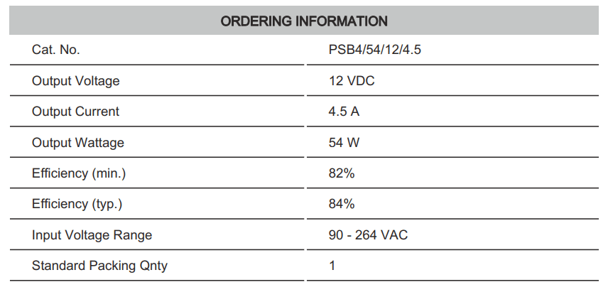 Thông số kỹ thuật Connectwell PSB4/54/12/4.5: Bộ nguồn xung AC/DC 1P (Module)