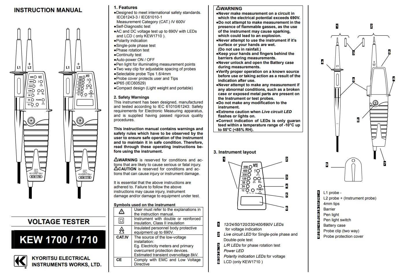 Thông số kỹ thuật Kyoritsu 1700: Dạng bút thử điện