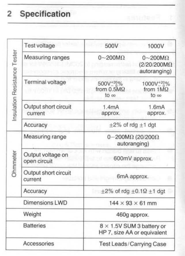 Thông số kỹ thuật Kyoritsu 3001B: Thiết bị đo Megomet điện trở cách điện