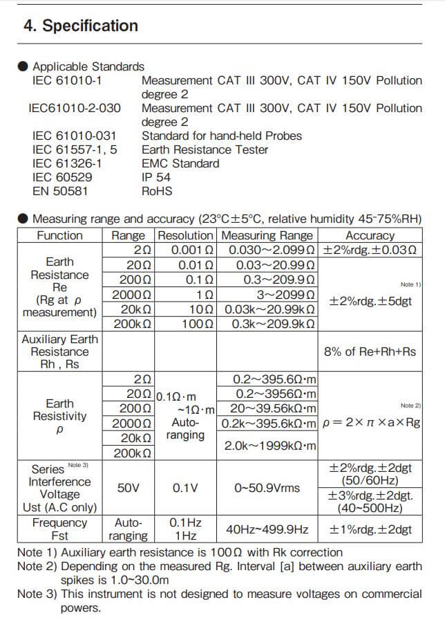 Thông số kỹ thuật Kyoritsu 4106: Thiết bị đo điện trở đất - điện trở suất