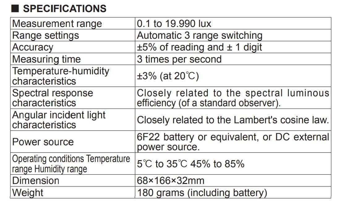 Thông số kỹ thuật Kyoritsu 5201: Thiết bị Đo cường độ ánh sáng