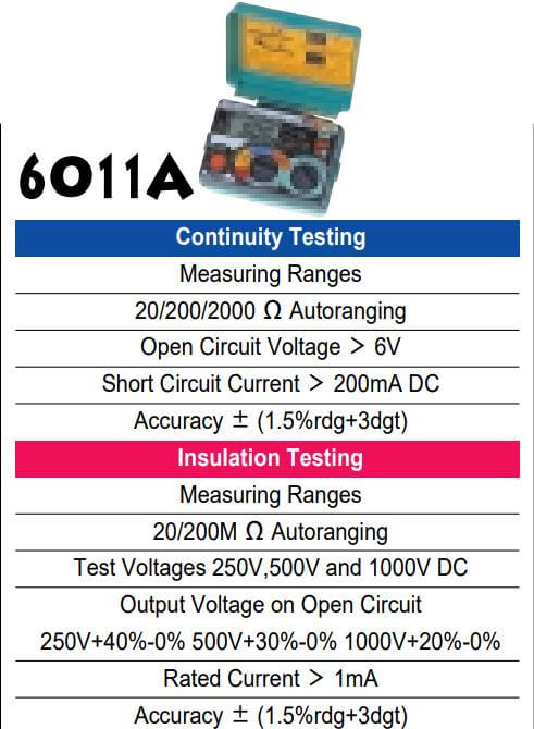 Thông số kỹ thuật Kyoritsu 6011A: Thiết bị đo nhiều chức năng (Thông mạch,mạch vòng, test điện trở đất….)