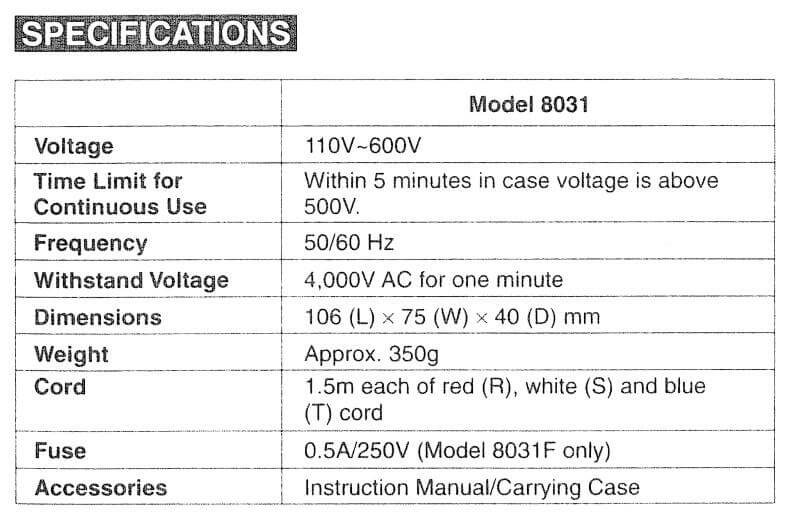 Thông số kỹ thuật Kyoritsu 8031: Thiết bị đo Chỉ thị Pha