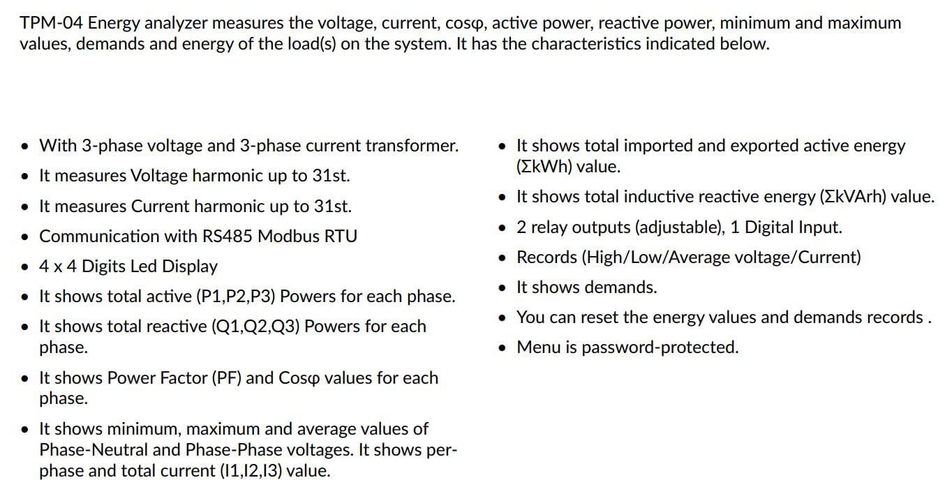 Thông số kỹ thuật Tense TPM-04: Đồng hồ phân tích năng lượng