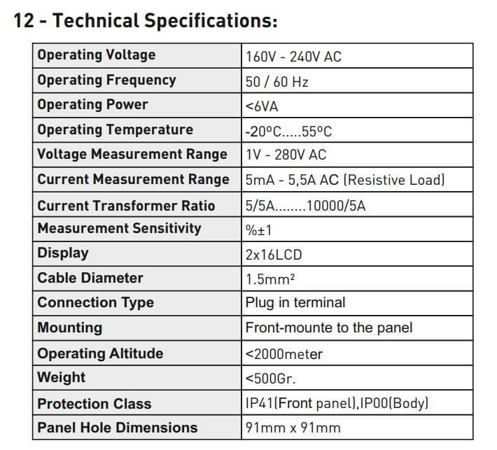 Thông số kỹ thuật Tense TPM-05: Đồng hồ phân tích năng lượng