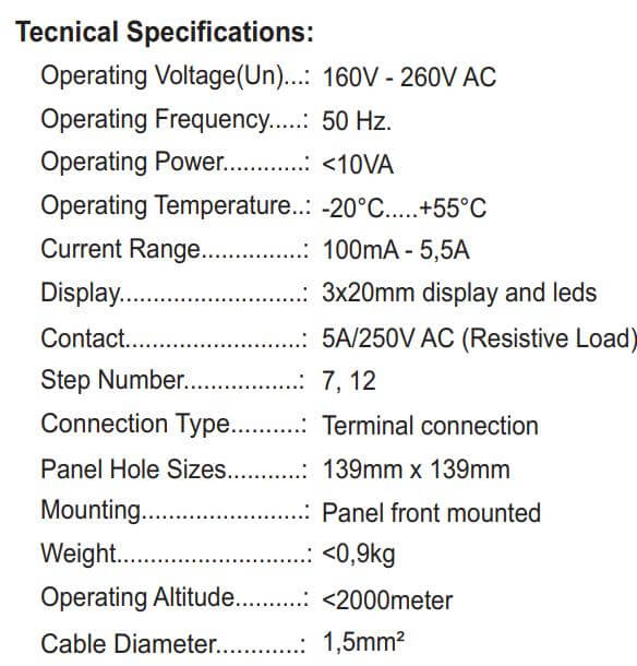 Thông số kỹ thuật Tense RGM-07E: Bộ điều khiển công suất tụ bù tự động