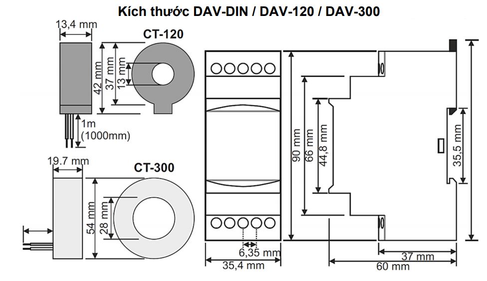 Kích thước Tense DAV-300: Đồng hồ đa năng đo điện áp và dòng điện
