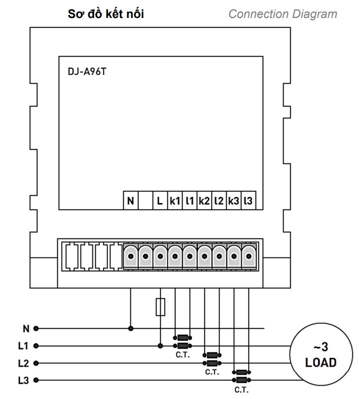 Cách nối dây, cách chỉnh, cài đặt, setup Tense DJ-A96T: Đồng hồ đo dòng điện 3 pha