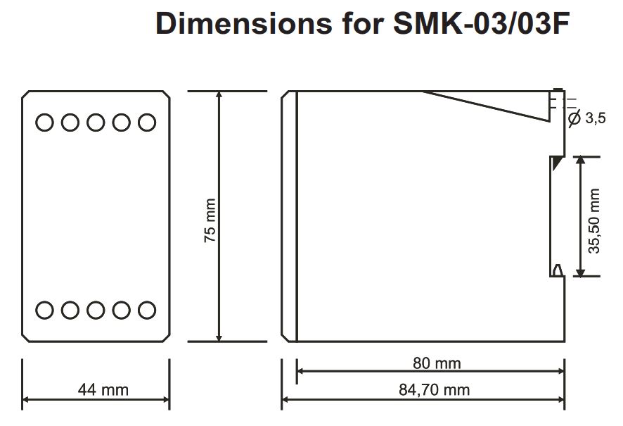 Cấu tạo và Kích thước Rơ le bảo vệ pha và đo mức nước Tense SMK-03F