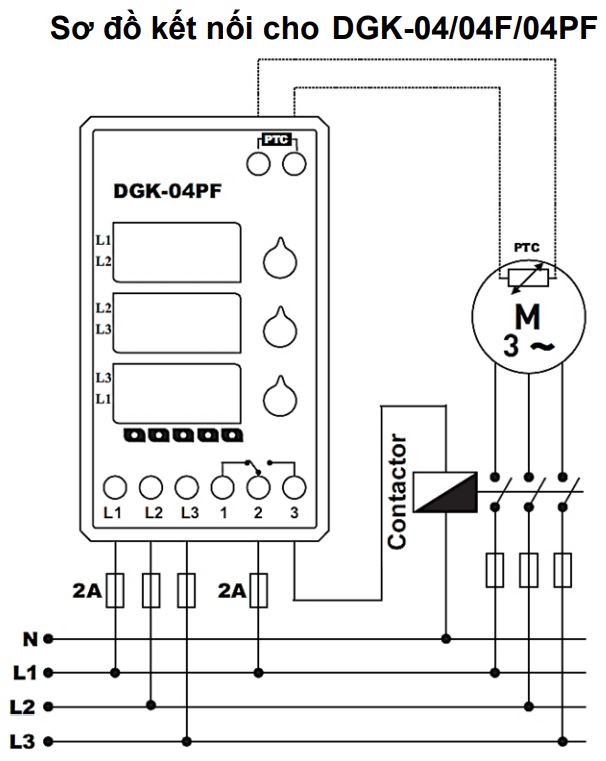 Cách nối dây, cách chỉnh, cài đặt, setup Tense DGK-04PF Rơ le Bảo vệ quá áp, thấp áp, thứ tự pha, nhiệt độ động cơ, kết hợp PTC