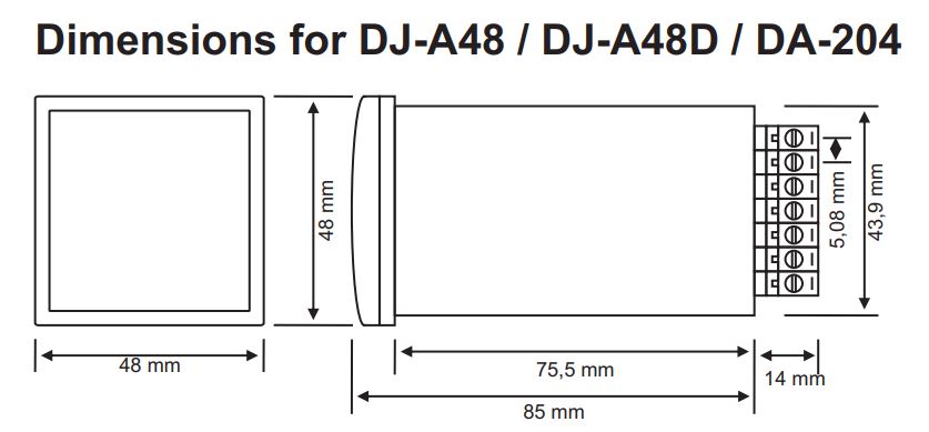 Kích thước Tense DJ-A48: Đồng hồ đo dòng điện 1 pha