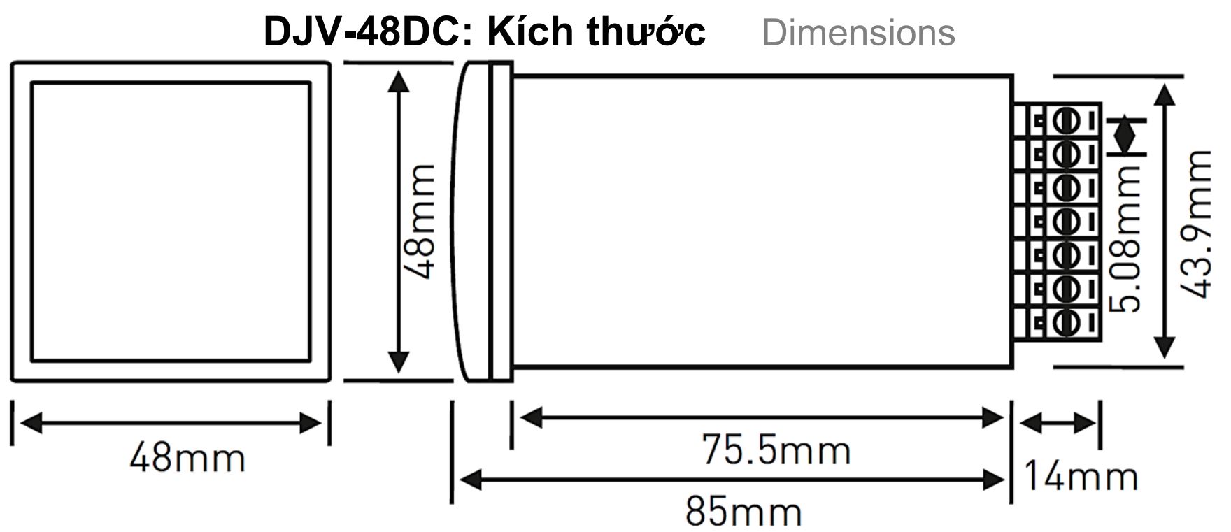Cấu tạo và Kích thước Đồng hồ đo điện áp DC Tense DJ-V48DC