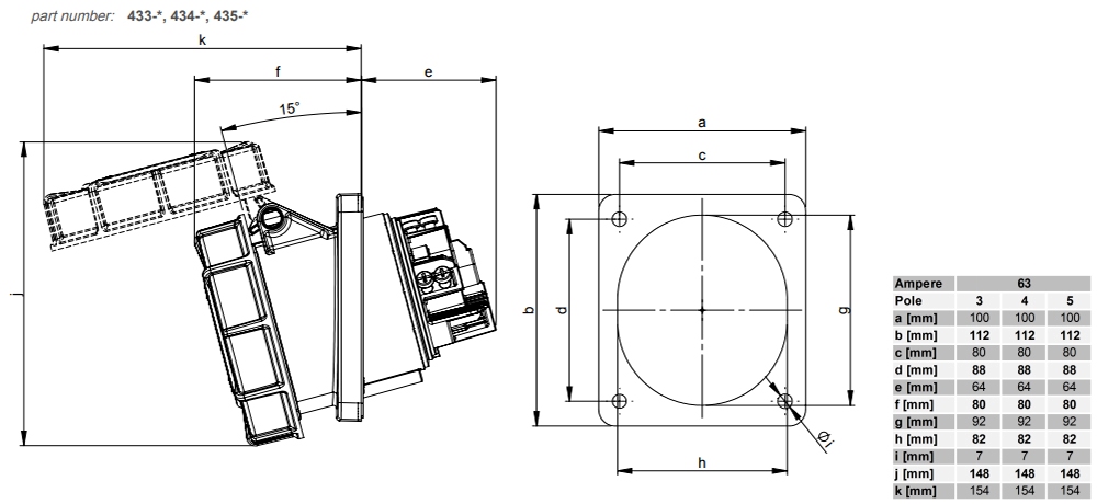 Kích thước PCE F433-6FC : Ổ cắm gắn âm 63A 3P 230V