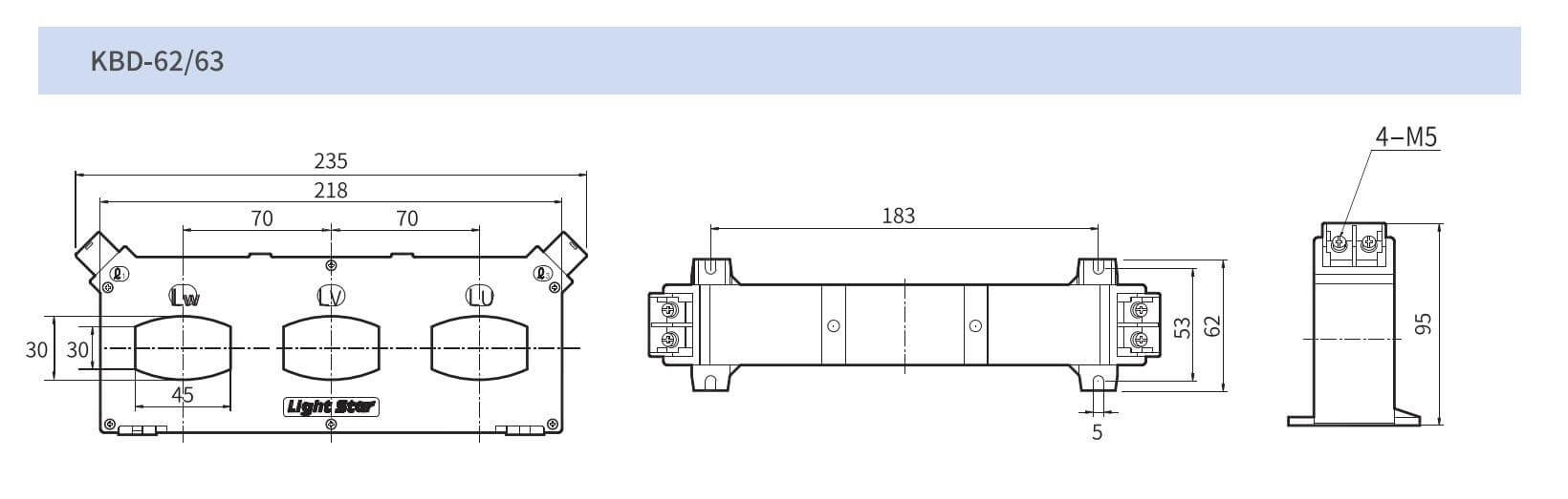 Cấu tạo và Kích thước Lightstar KBD-63: Biến dòng MCT 3 pha 3P4W 3CT 200/5A~1200/5A