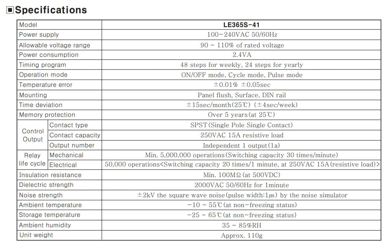 Thông số kỹ thuật Autonics LE365S-41: Bộ định thời gian (Timer)