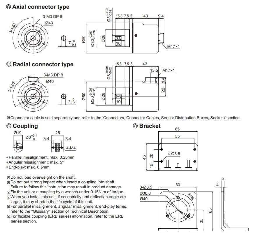 Cấu tạo và Kích thước Autonics encoder E50S8-300-3-N-24