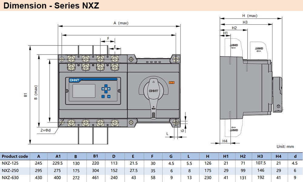 Kích thước ATS Chint NXZ-125/4A 125A