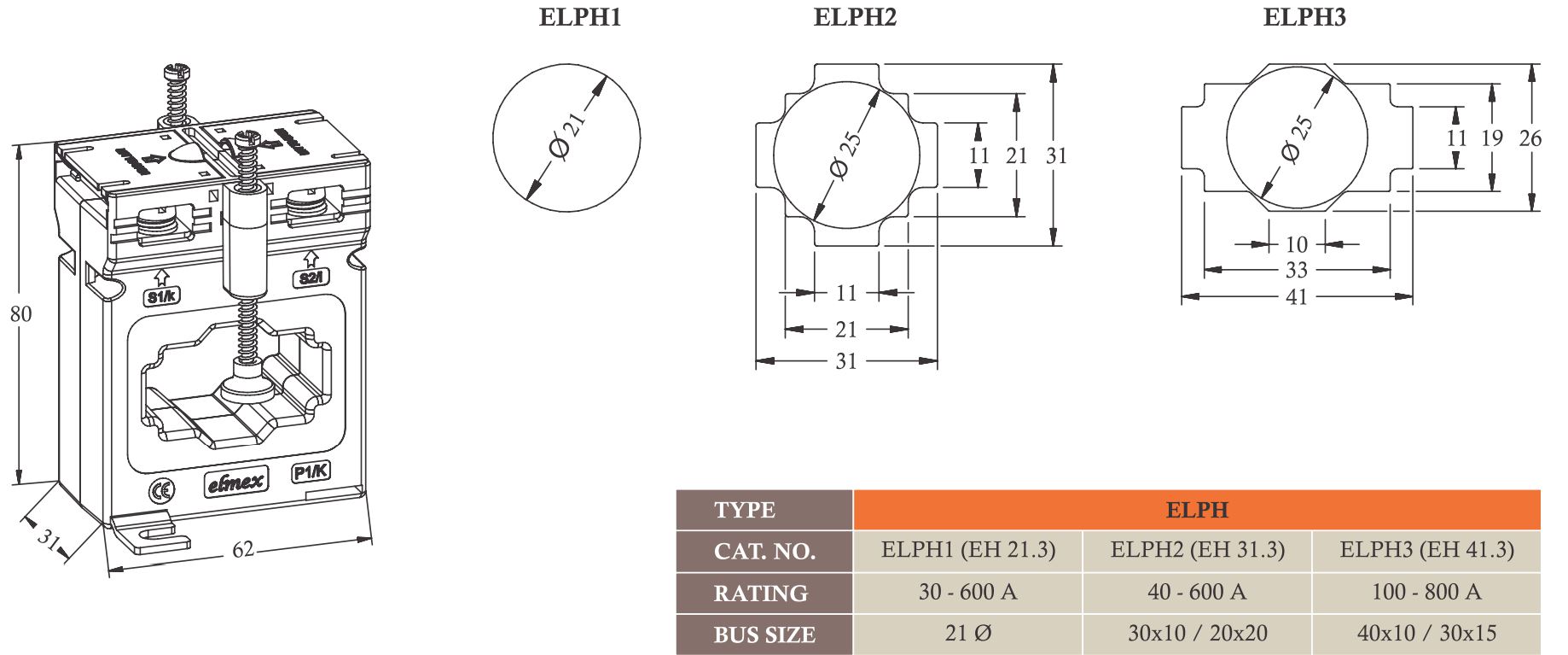 Kích thước biến dòng Elmex ELPH1 - ELPH2 - ELPH3
