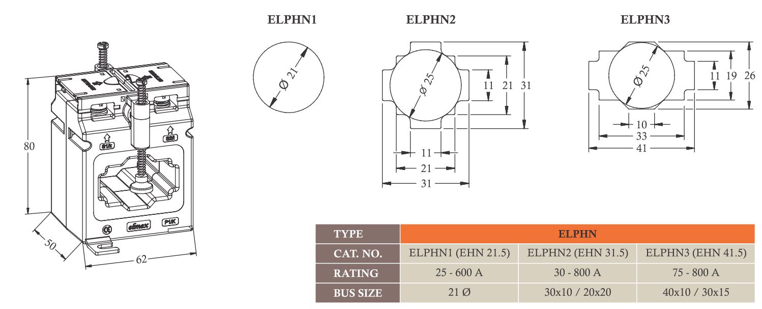 Kích thước biến dòng Elmex ELPHN1 - ELPHN2 - ELPHN3